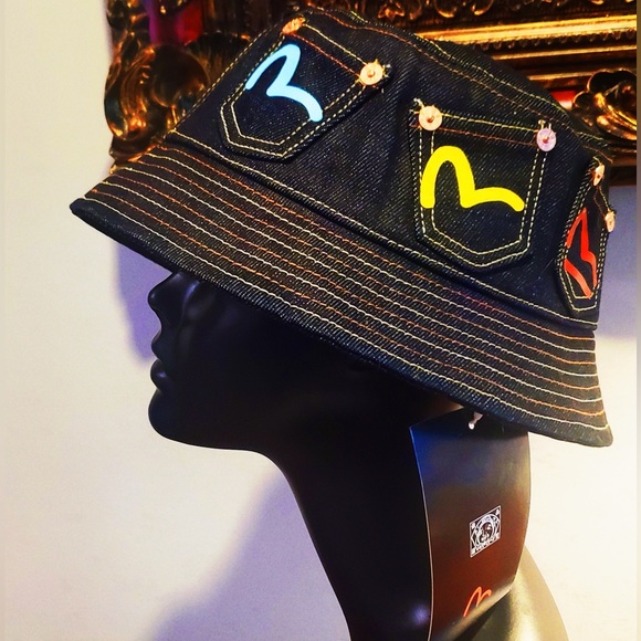 Evisu Multi-color Seagull Print Multi-Pockets Denim Bucket Hat Limited Edition - Picture 9 of 10